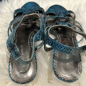 COPY - Well loved Laura Ashley Ocean Blue and Black Snakeskin Sandals 2inch wed…